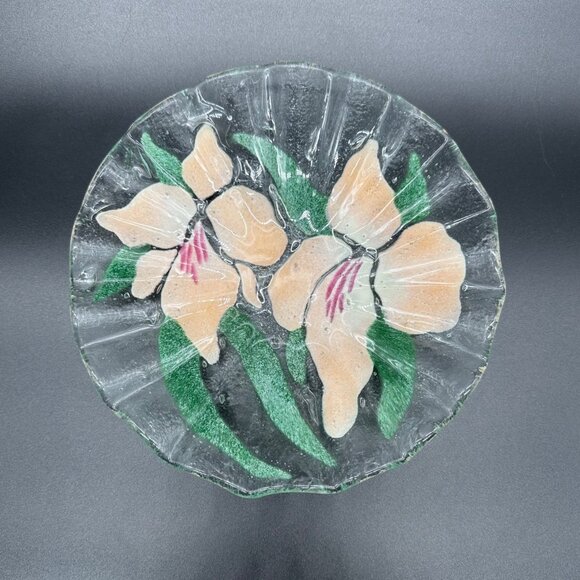 Fused Glass Bowl Pink Iris Flowers Ruffled Edge Signed Art Dish Sydenstricker - Picture 2 of 8